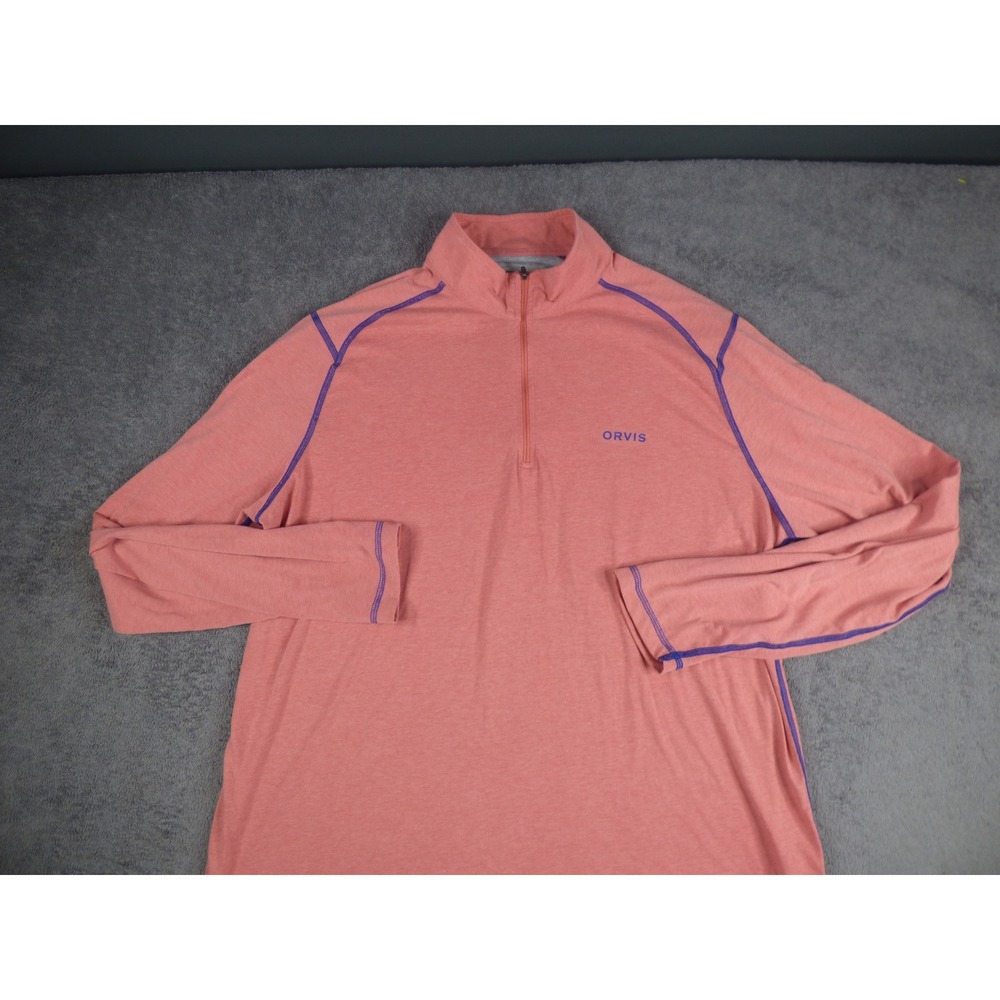 Orvis Mens Quarter Zip Pullover XL Coral Pink Purple Stitching Long Sleeve Top